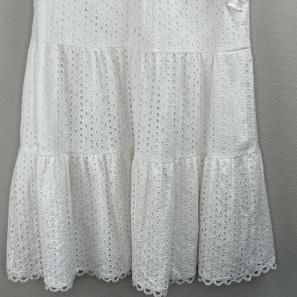 Vince Camuto White Eyelet Ruffle Keyhole Back Tiered Fit & Flare Mini Dress 14/L